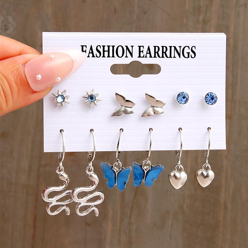 

6 шт./компл. серьги в виде змеи и бабочки, комплект для женщин и девочек, винтажные металлические посеребренные серьги со стразами в форме сердца, ювелирные изделия, подарок