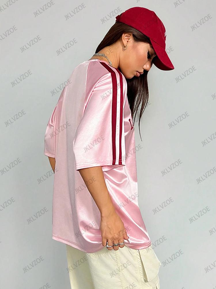 Summer Printed T-Shirt Women's Pink Patchwork Short-Sleeve Sports Soccer Jersey Loose Oversized Top