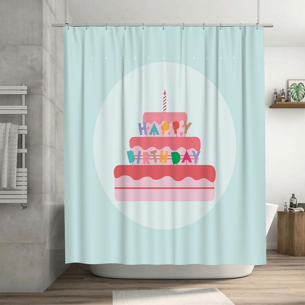Decorate Your Bathroom with a Happy Birthday Shower Curtain Set Waterproof Fabric in Pastel Colors featuring a Layered Cake Desi