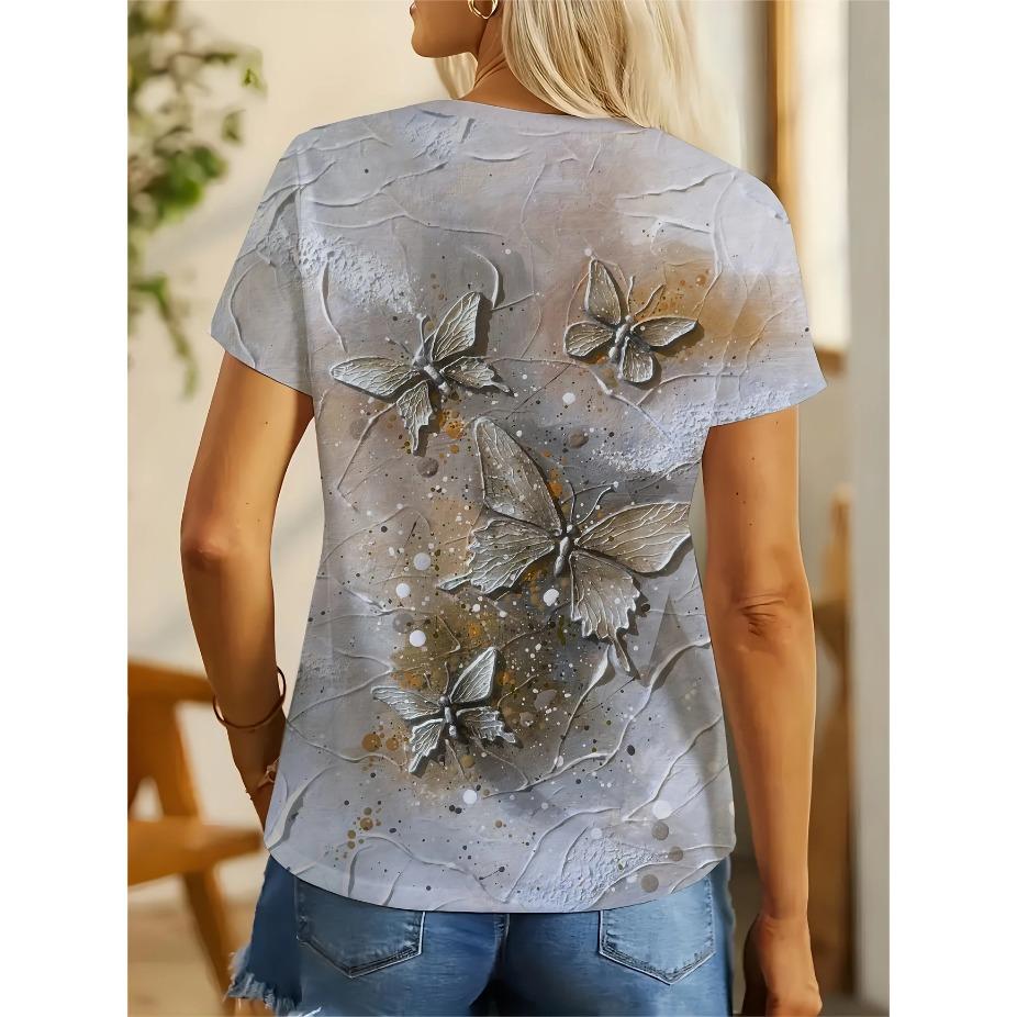 3D Butterfly Design T-Shirt, Casual Short-Sleeve Top Suitable for Spring and Summer, Womens Tees