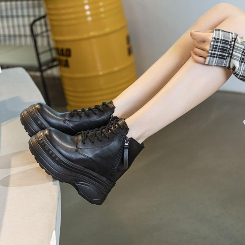 Fashion Leather Ankle Boots for Women New 2025 Autumn Winter Warm Motorcycle Boots Woman Vintage Lace Up Snow Fur Shoes 11CM High Heels