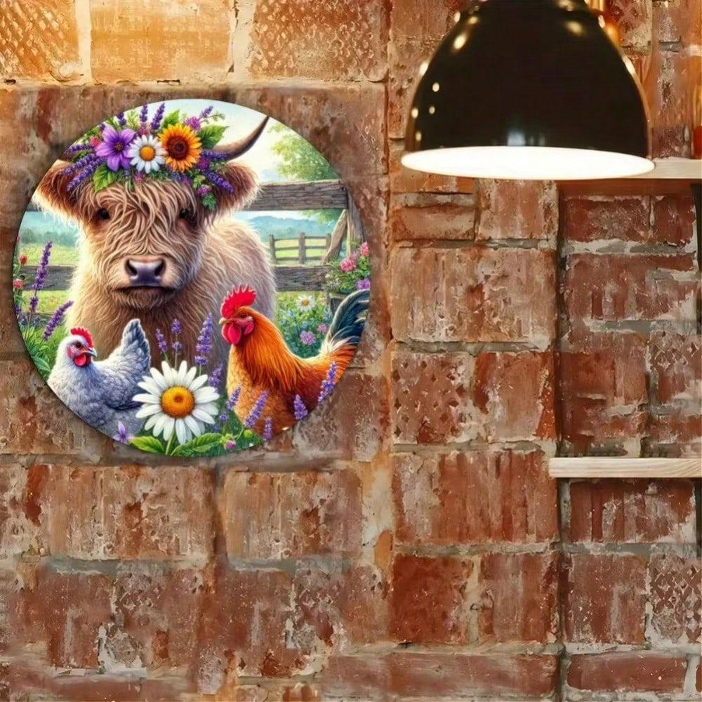 Highland Cow Chicken Metal Wall Art Waterproof Rustproof Home Room Decor