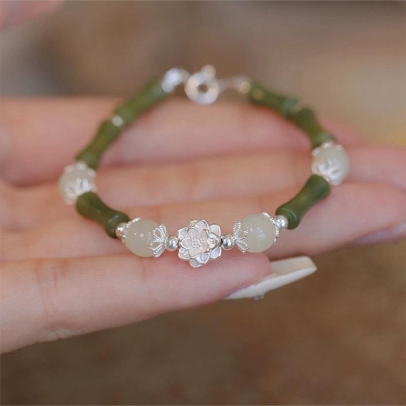 Elegant Green Bamboo Joint Beaded Bracelet for Women Chinese Style Charm Flower Pendant Bracelet Student Zircon Accessories