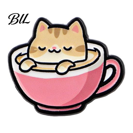 Zinc Alloy Brooch Cartoon Coffee Cup Cat Brooch, Kitten Enamle Lapel Pin, Animal Pin Theme Badge, Clothing Accessories for Lovers