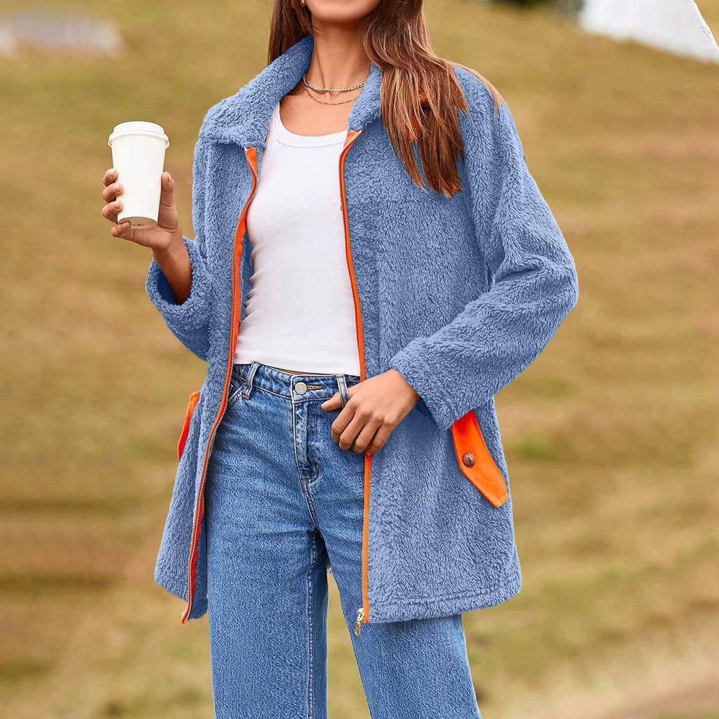 Zip Up Jacket For Women Fuzzy Fleece Coats  Coat Contrast Jackets Trendy Fall Winter Outfits Casual Outwear