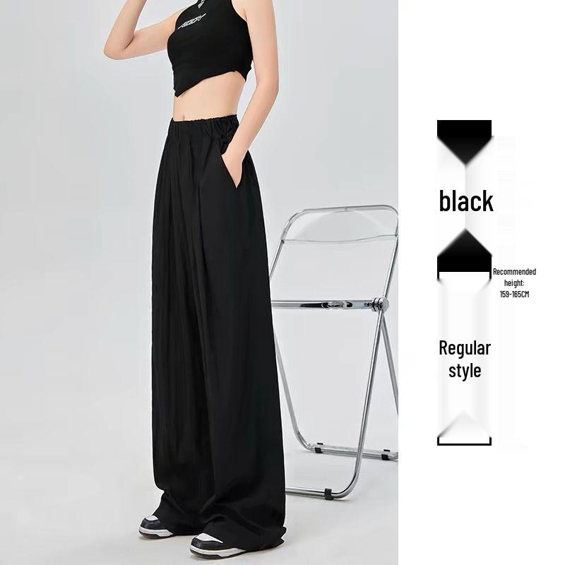 Women's Summer Ice Silk Wide-Leg High-Waist Pants with Pleated Texture, Sun Protection, and A-line Straight Leg Design.