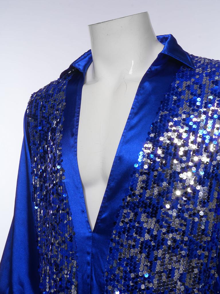 S-XXL Bodysuit de Dança Latina Ballet Masculino Bodice Brilhante com Lantejoulas Decote V Cetim Mangas Longas Entrepernas com Botões Collant para Treinamento Palco