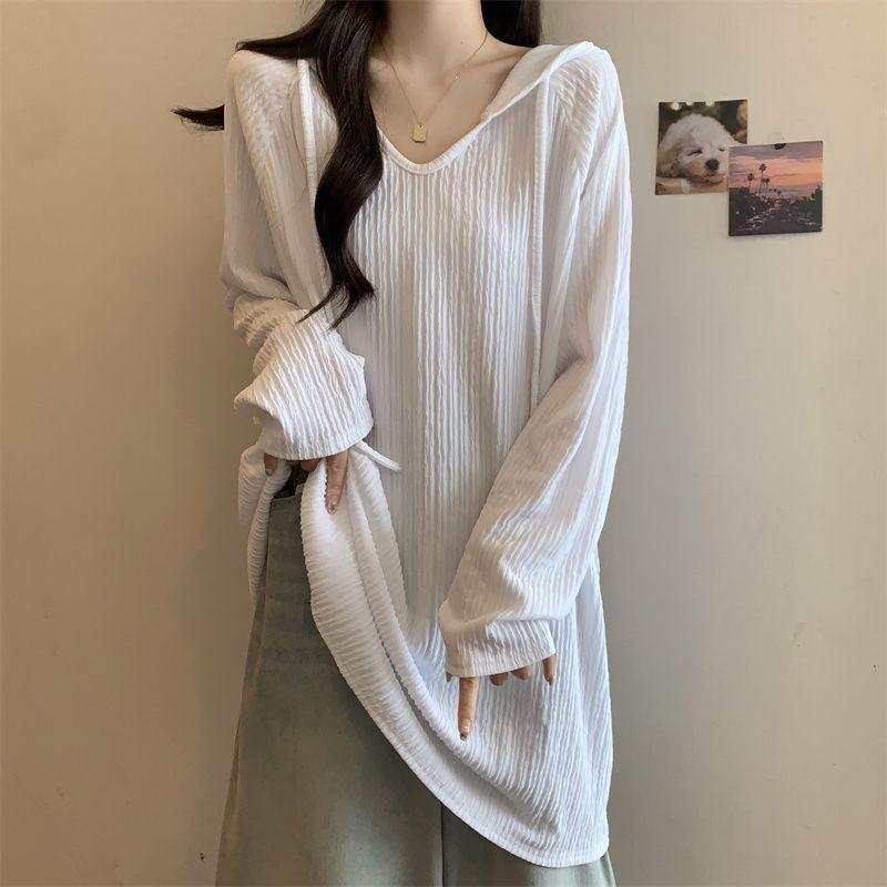 Women Trendy Simple Casual Oversize Hooded T-shirt Korean Solid V Neck Long Sleeve Tees Textured Chic Tunic Tops Female Clothing
