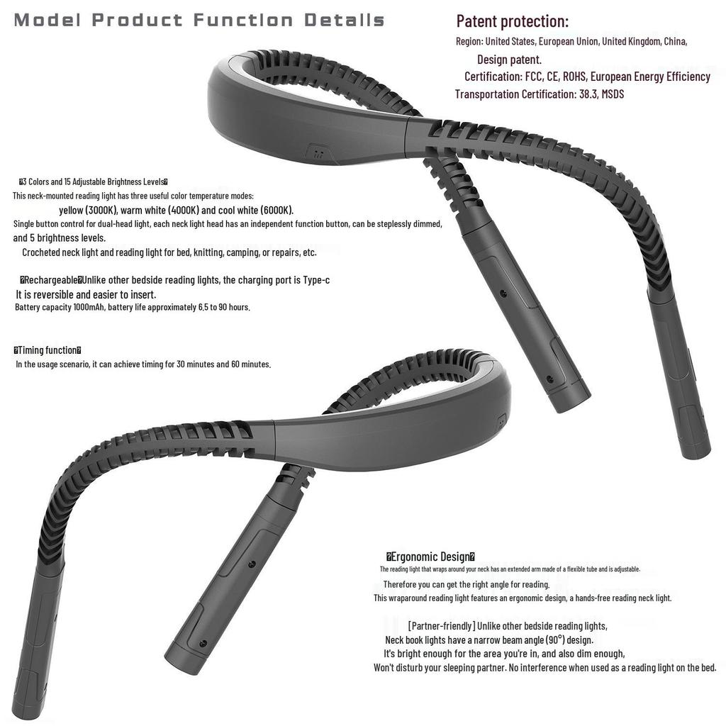 LED Neck Reading Light with Eye Protection - USB Rechargeable for Running & Reading