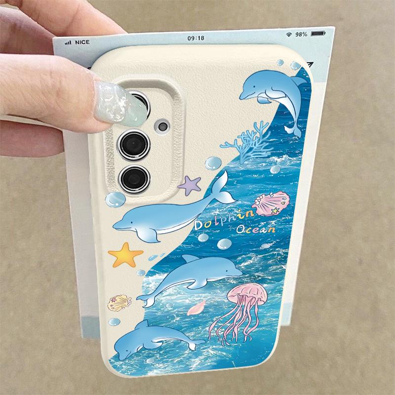 Starry Sea Dolphin Adventure Case For Samsung S26 S25 S24 Ultra S23 S22 S21 FE A15 A16 A17 A35 A36 A37 A54 A55 A56 A57 5G Leather Texture Cover