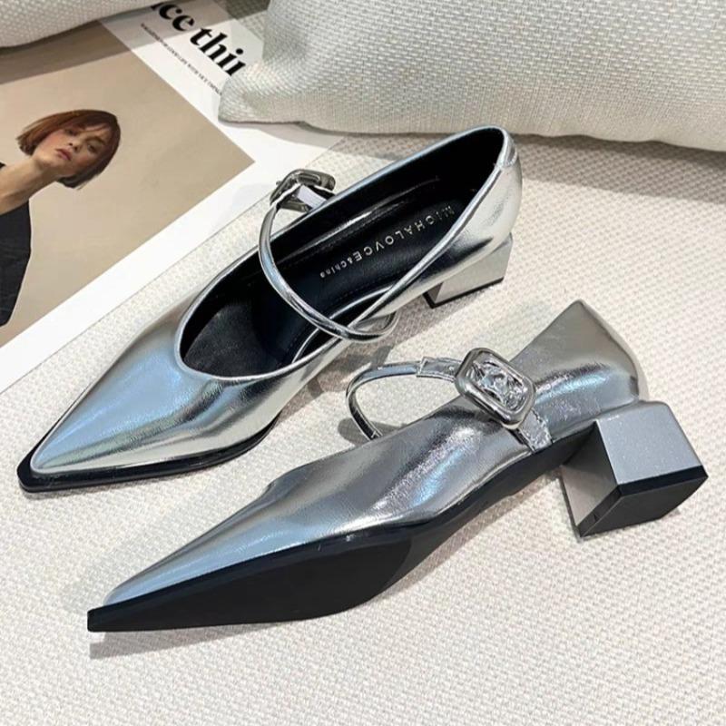 Fashion New Spring Style Pointed Toe Square Heel Versatile Style Single Shoes Women's Shoes Medium Professional Buckle Dress High Heels