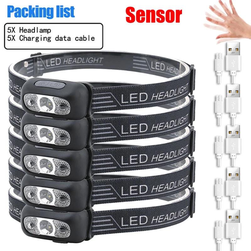 Mini Rechargeable Powerful Sensor Headlamp USB Head Flashlight Torch Headlights LED Head Light Camping Search Light