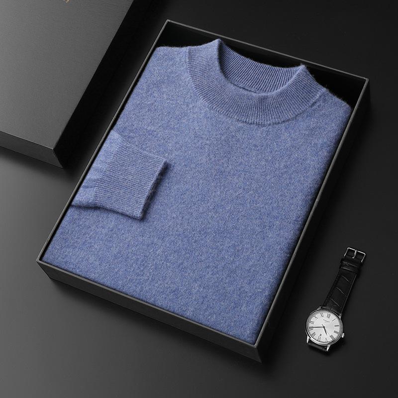 Men's Seamless Cashmere Sweater, Half-High Collar, Solid Color, Loose Fit, Plus Size, Base Layer for Autumn and Winter.