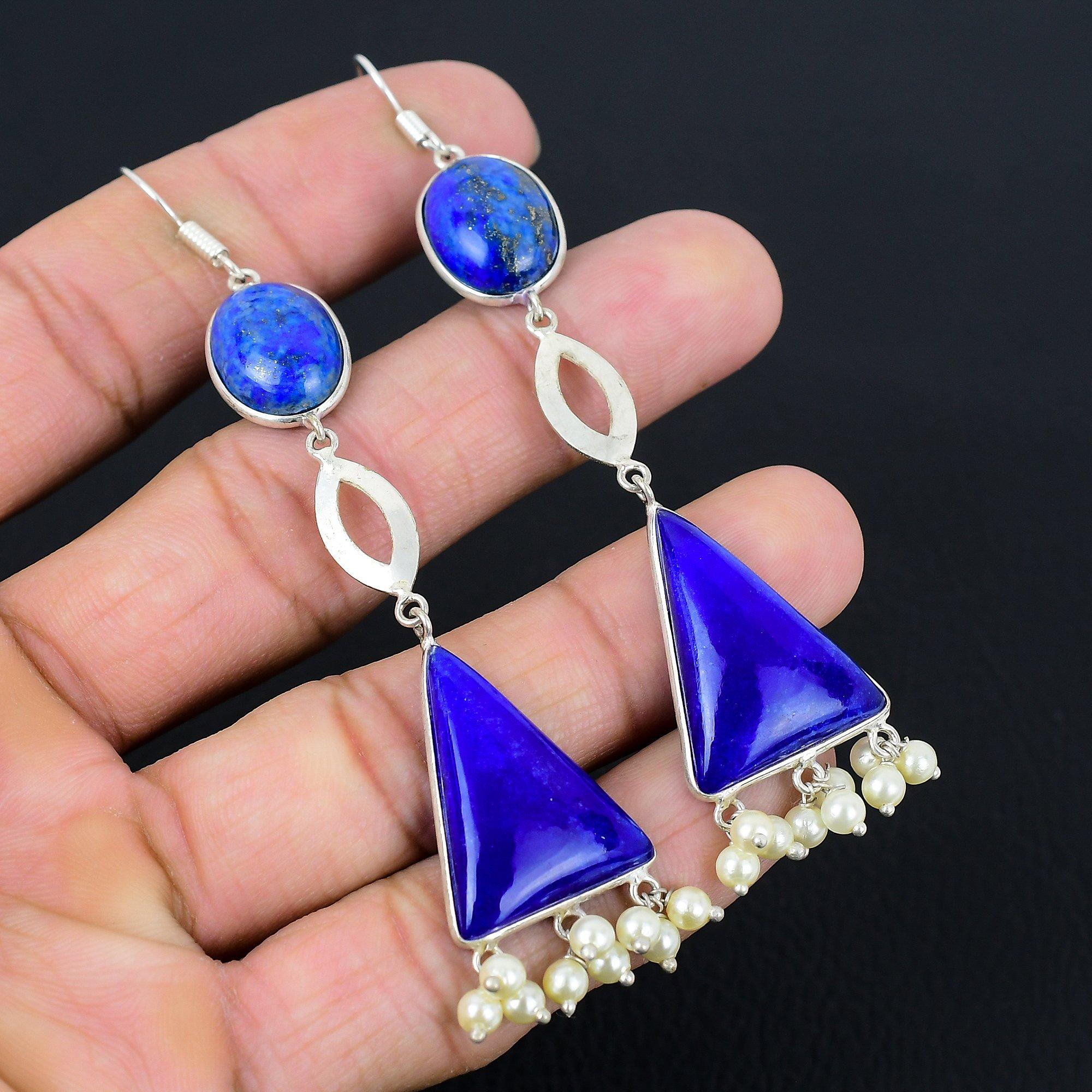 

925 Silver Oval Lapis Lazuli Gemstone Dangle Drop Anniversary Earrings Jewelry