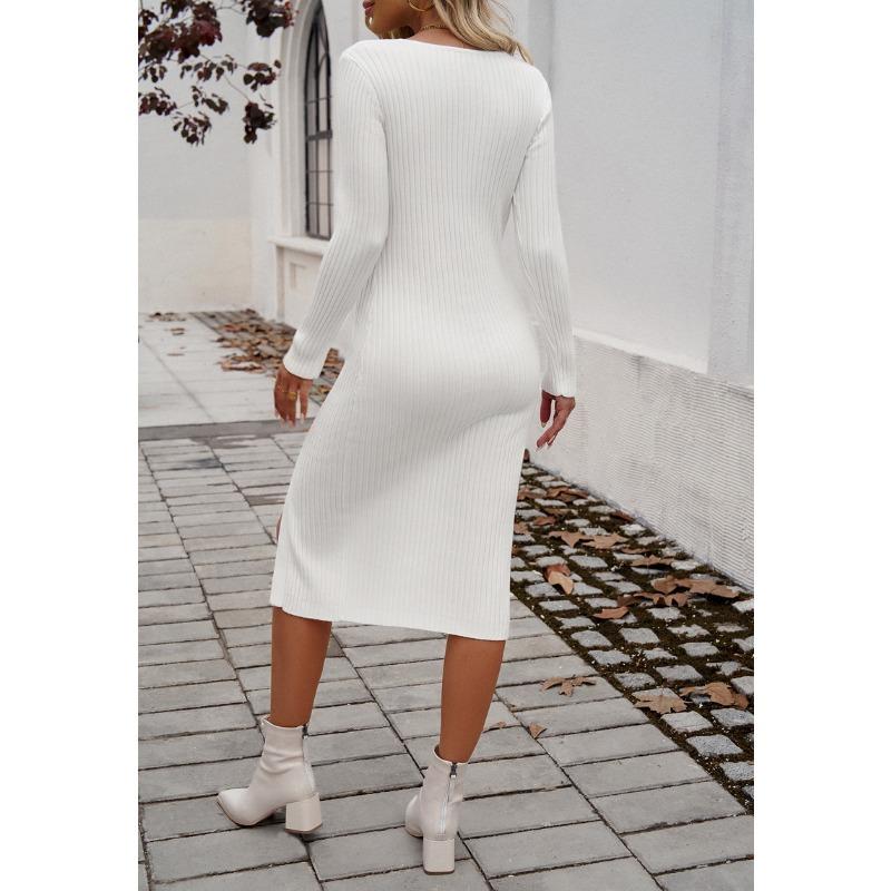 Women Slim V-neck Slit Sweater Dress