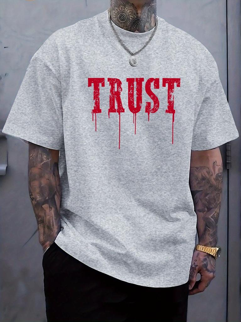 Men's Black "TRUST" Graphic T-Shirt - Casual Sporty Style, Short Sleeve Crew Neck, Distressed Red Print, Lightweight  Blend