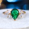 Cute Female Green Zircon Stone Water Drop Ring Charm Gold Color Wedding  For Women