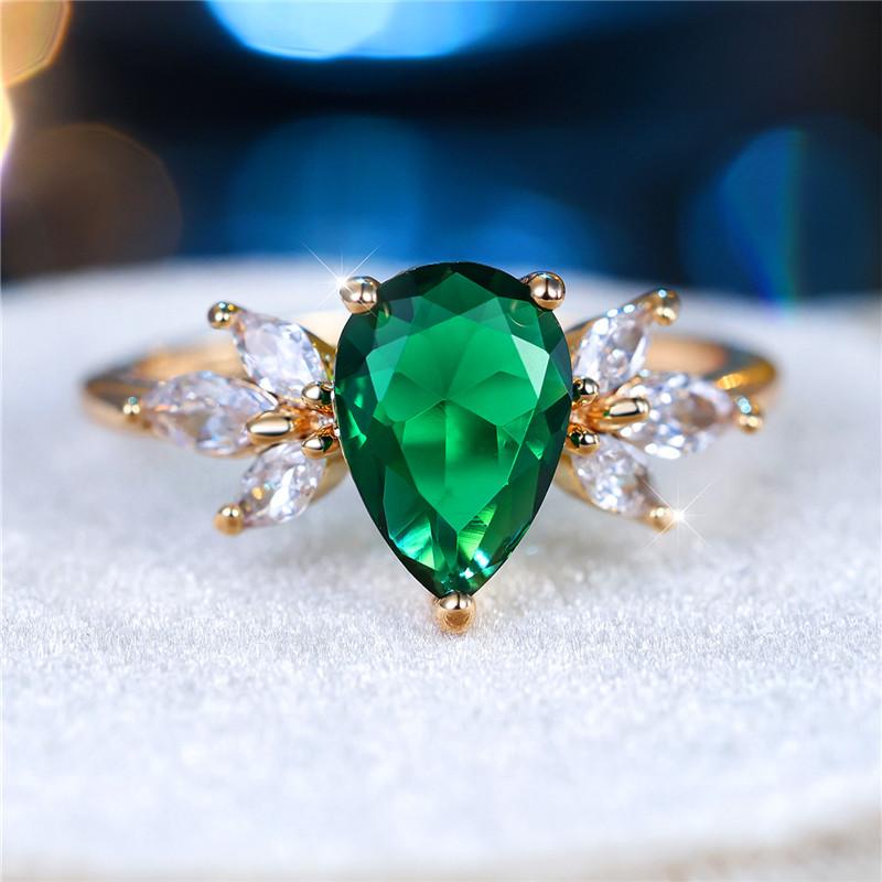 Cute Female Green Zircon Stone Water Drop Ring Charm Gold Color Wedding  For Women