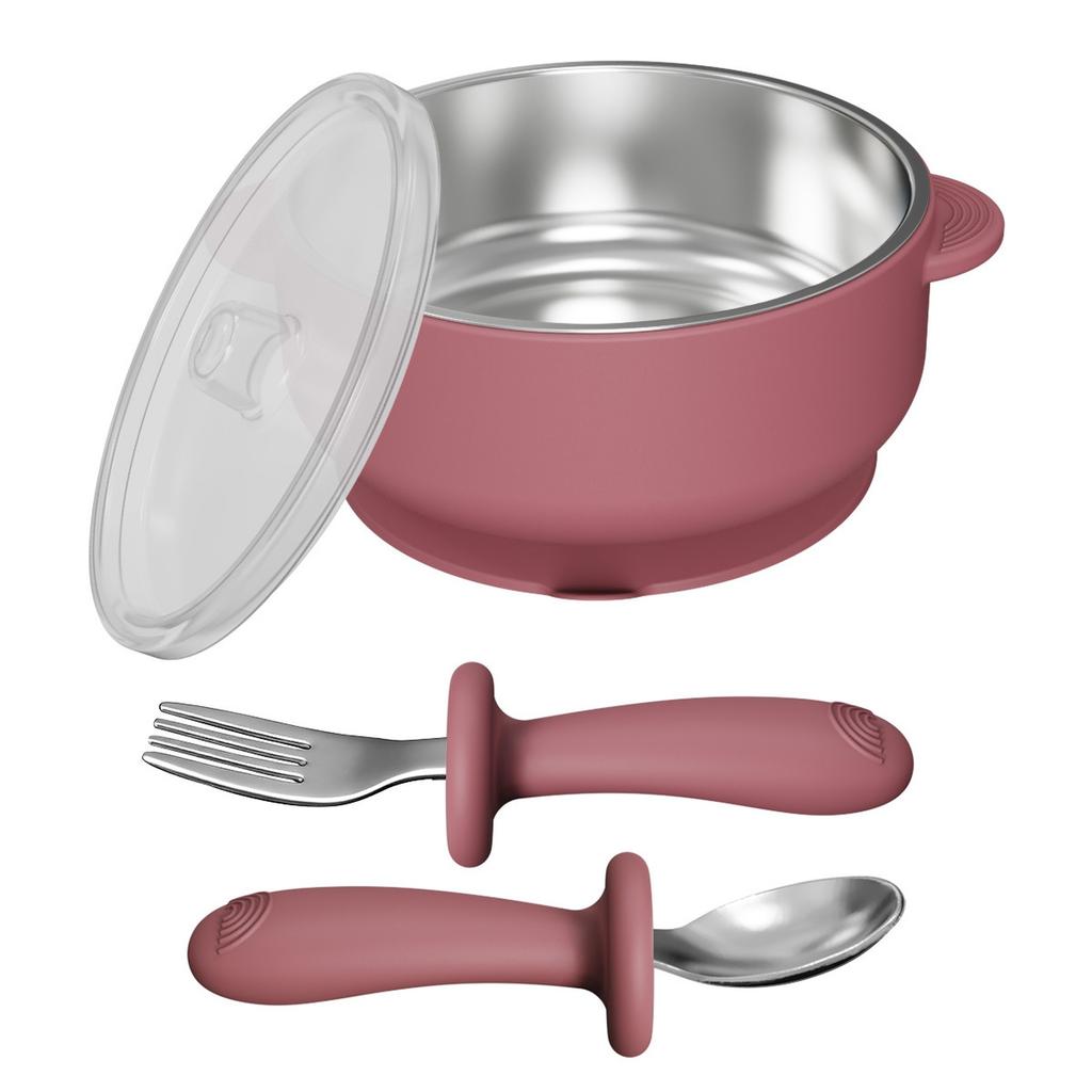 Baby Silicone Feeding Bowl with Suction Cup, Stainless Steel Bowl, -Fall Kids Tableware Set with Spoon Fork