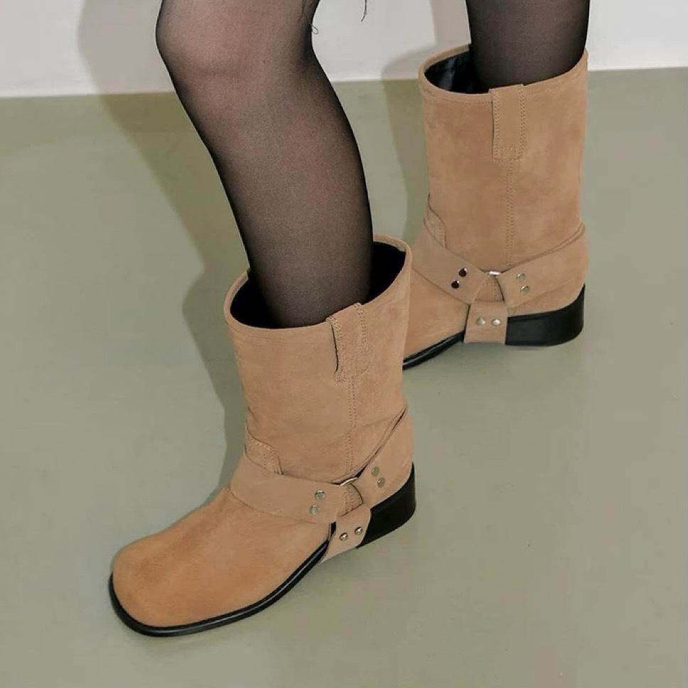 Nové podzimní a zimní kožené matné retro westernové kovbojské boty dámské s tlustým podpatkem střední délky Martin boots