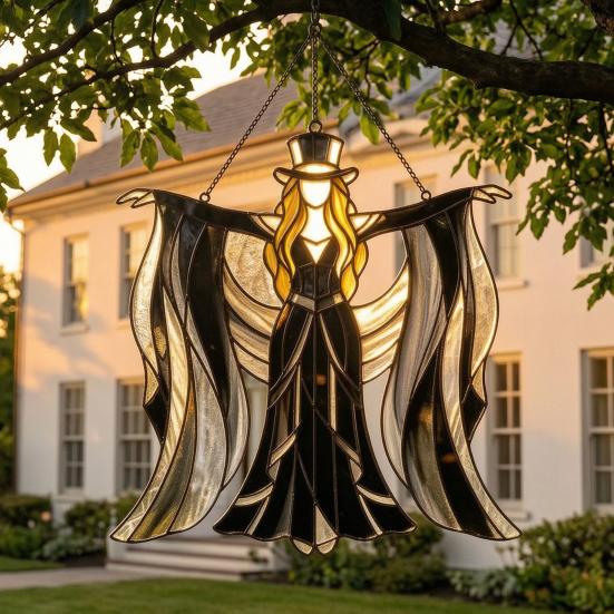 Boho Dancing Lady Suncatcher, Stained Glass Acrylic Hanging Ornament, Mystical Gothic Woman Window Spinner for Indoor Outdoor Decor, Gift