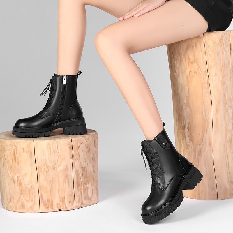 

Зимние сапоги со встроенным мехом на шерстяной подкладке для женщин на толстой подошве, больших размеров, на среднем каблуке и короткие женские сапоги