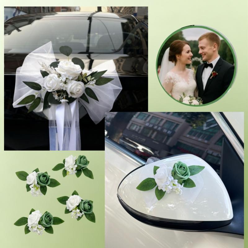 7-teiliges Set Hochzeitsauto Türgriff Spiegel Blumen-Set Band Schleifen Weiße Künstliche Rose Just Married Auto Dekor Zubehör