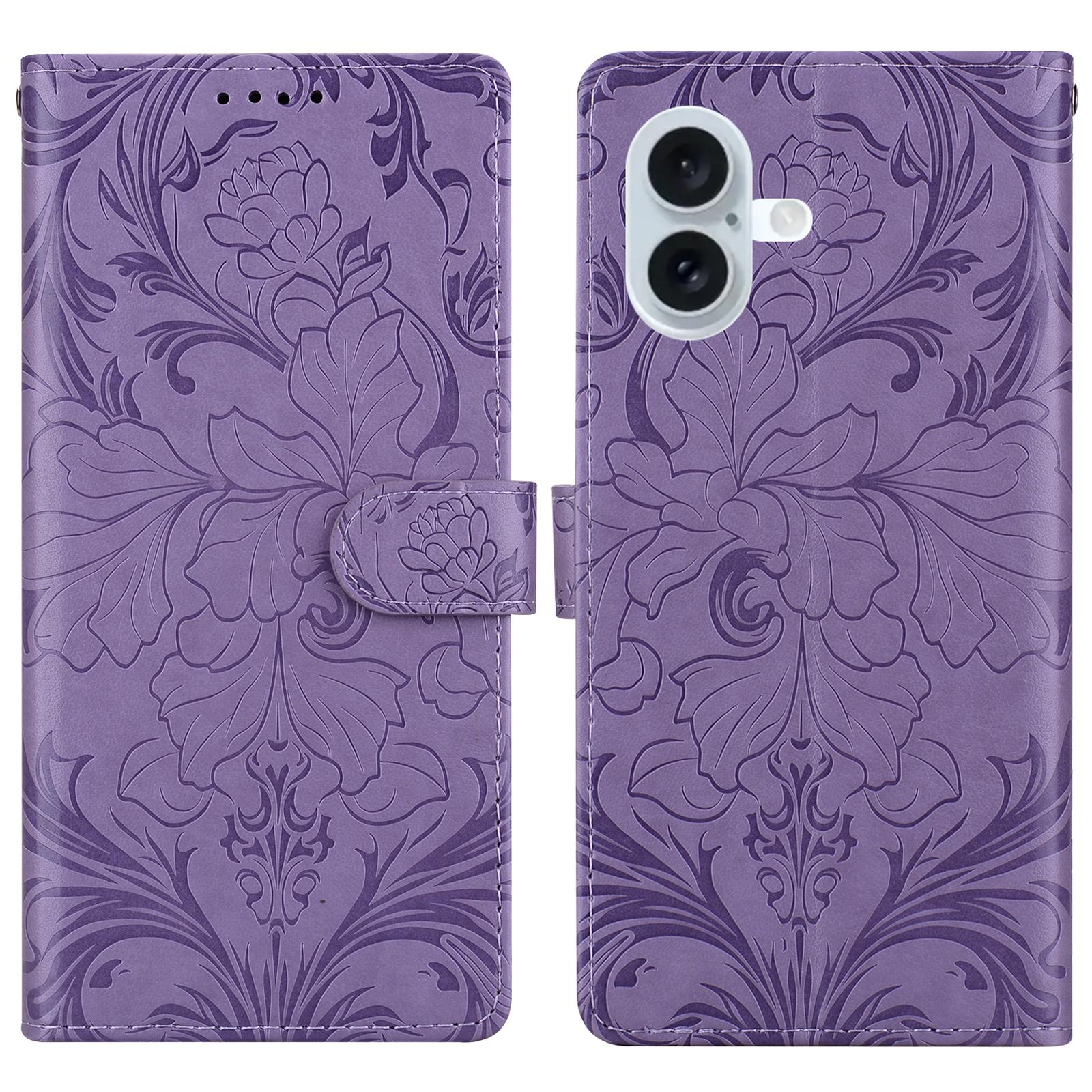 

For iPhone 16 Leather Case Imprinted Floral Pattern Wallet Stand Flip Phone Cover Purple