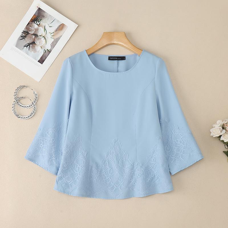

ZANZEA Женская повседневная блузка с круглым вырезом, рукавами 3/4, свободного кроя, с кружевной вставкой 4XL синий