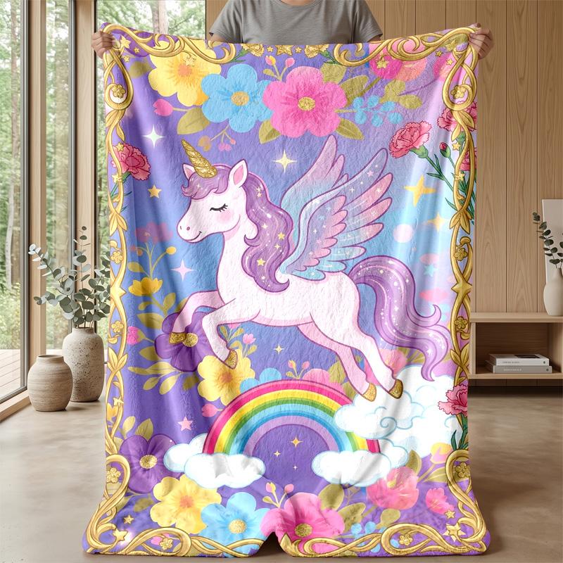 Winged Unicorn Moons Flowers Theme blanket Lightweight Warm Flannel Blanket Decorative Throw Blanket for Home Decoration