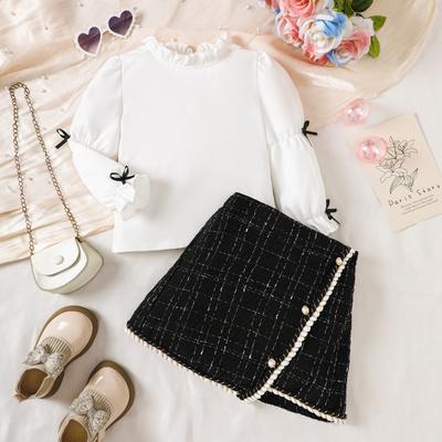 Conjunto Casual para Meninas Outono Camisa de Manga Comprida Infantil e Saia Curta Conjunto de Duas Peças