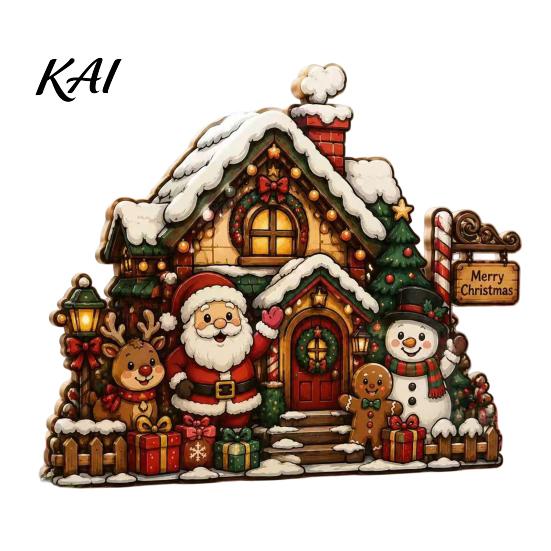 Rustic Winter Home Accents Christmas Wooden House Ornament, Santa Claus/Snowman/Elk Sleds/Winter Cabins Elk Sleigh Tabletop Decor Scene Figurines,