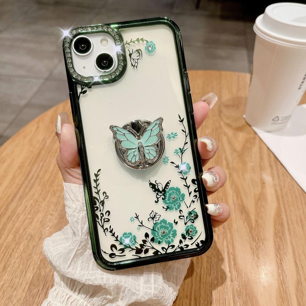 Applicable To Apple 15ProMax Phone Case, IPhone14 Electroplated Butterfly Ring Stand, Lens Flash Diamond Protective Case