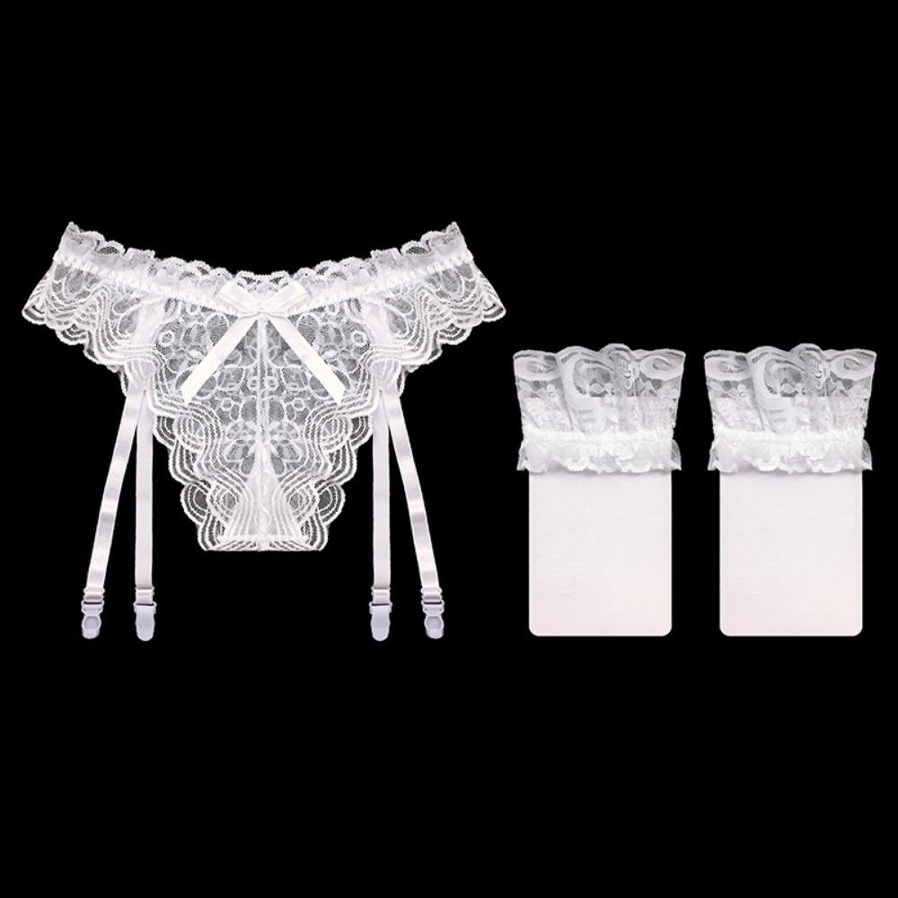 Full Lace Sexy Perspective Garter Stockings Set Ultra-thin Temptation Hot One-piece Garter Panties Women