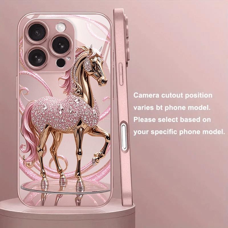 Pink Crystal War Horse Pattern Metallic Tempered Glass Phone Case For iPhone 17 Pro Max 16 15 14 13 12 11 16E Air 14 Plus Cover