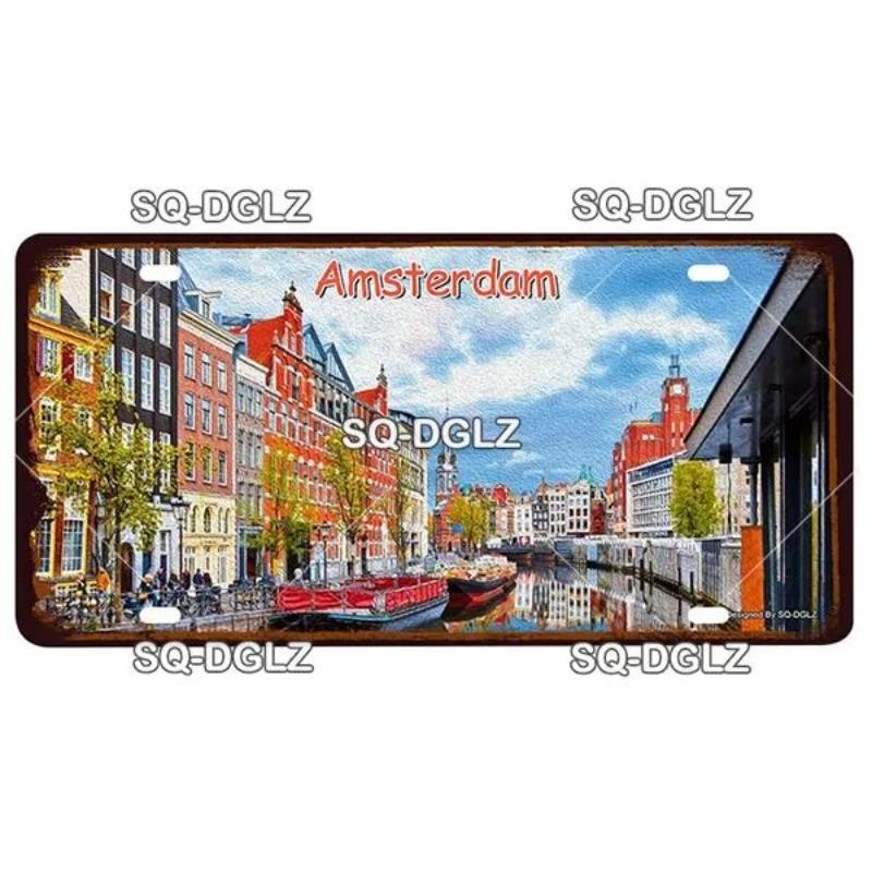 Vintage European Cityscape Metal Painting Home Cafe Bar Interior Decor