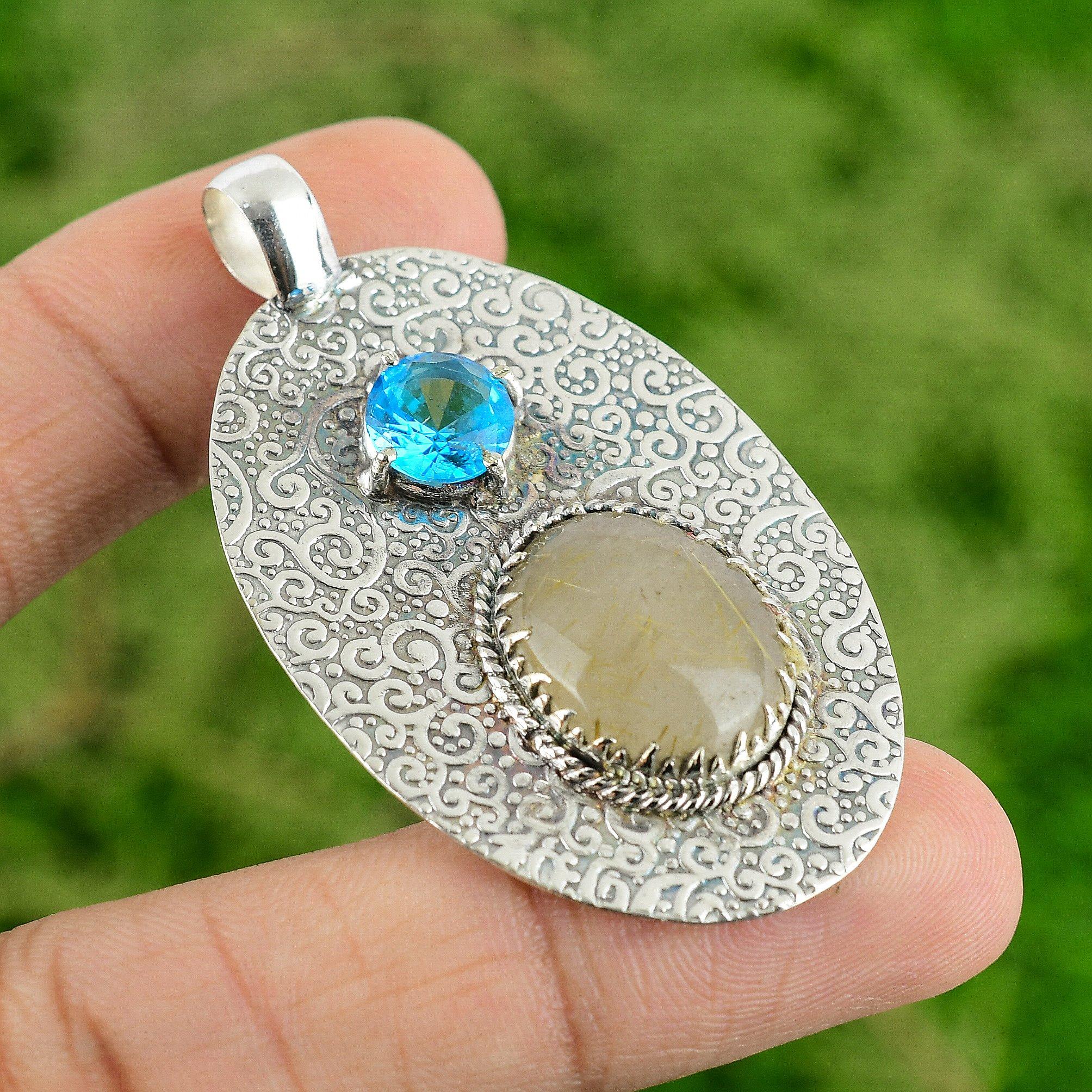 

Natural Golden Rutile Swiss Blue Topaz 925 Silver Wife Birthday Pendant Jewelry