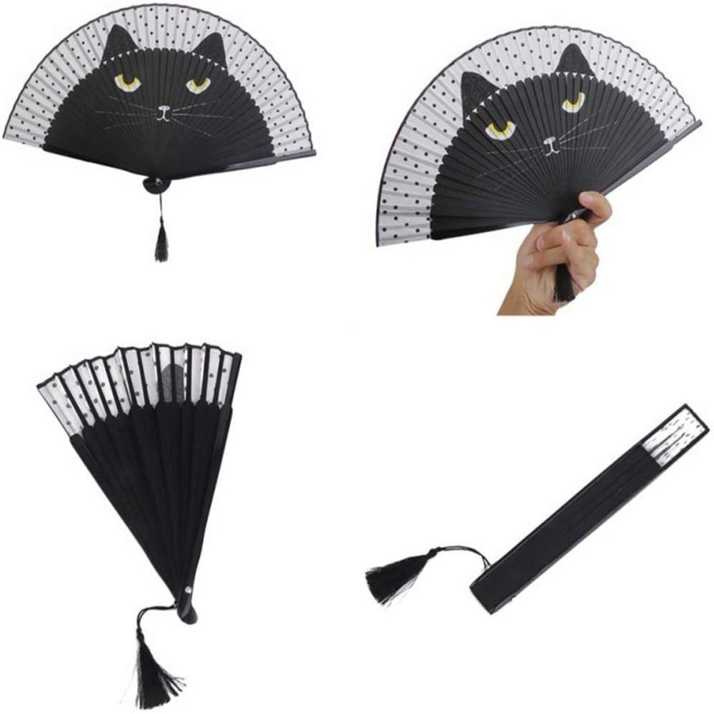 Cat Pattern Bamboo Folding Fan Japanese Style Women Lovely Cartoon Kitten Hand Fans Handheld Fan Crafts Home Decoration