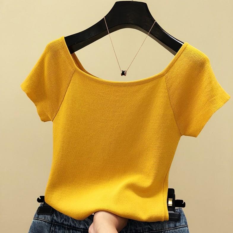 

Летняя новинка, футболка на одно плечо с коротким рукавом, женская облегающая трикотажная рубашка из шелка, однотонный топ с короткими рукавами и открытыми плечами One size