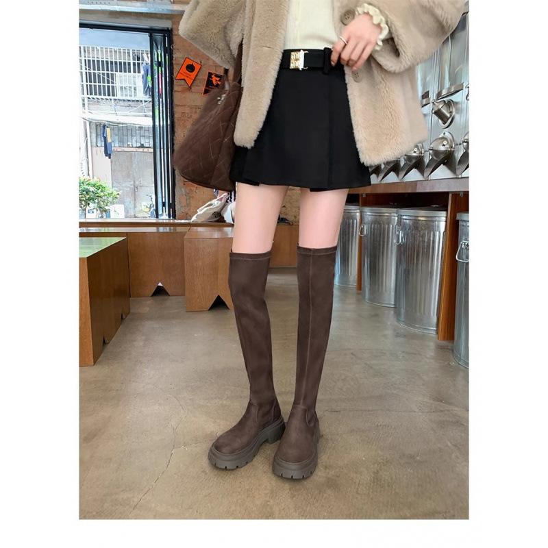 Rindsleder~ Stiefel Damen Dicksohlige Kleine Skinny Ritterstiefel Elastisches Wildleder Overknee-Stiefel