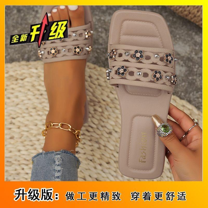 Wear Rhinestone Flat Bottom One-word Drag 2025 Summer New Versatile Sandals Slippers Square Head Women's Fashion High Heels