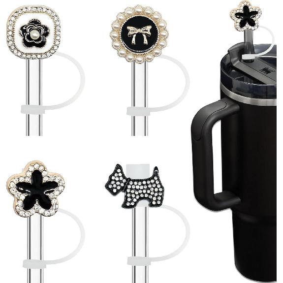 Bling Diamond Straw Cover for Stanley Cup Accessories - Silicone Straw Toppers with Silver Rhinestone fit 9-12mm Straws
