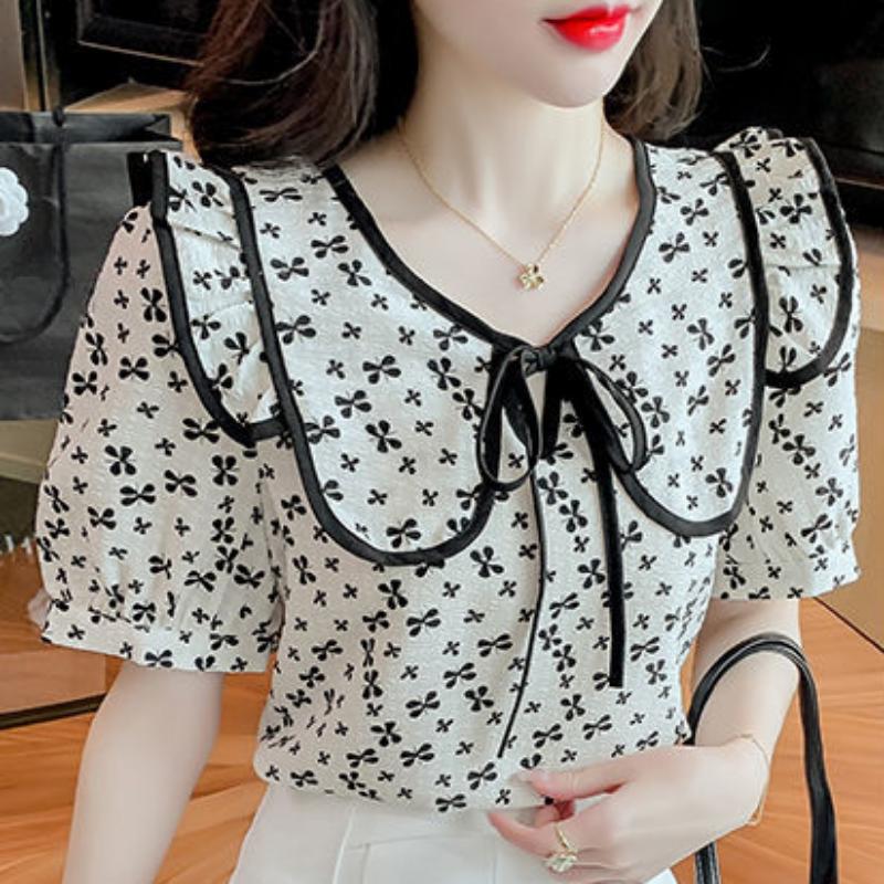 WTEMPO Brand Small Floral Shirts with Matching Doll Collar Summer Ladies' Tops Fashionable and Versatile Lapel Short-sleeved Shirts