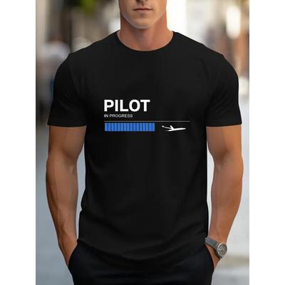 European Size Men's Pilot In Progress T-Shirt-Funny Aviation Gift Suitable for Aspiring Pilots,Round Neck Tee with Airplane & Pilot, Machine Washable