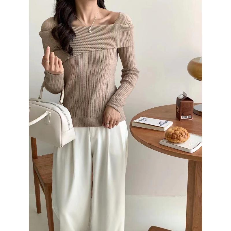 Temperament one-word shoulder base sweater women's autumn and winter inner long-sleeved lapel knitted sweater unique chic top women