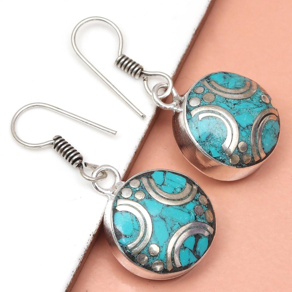 Tibetan Turquoise Coral Red Earrings Nepali Tribal 12gms 1.5" 1.6" Chunky Gift