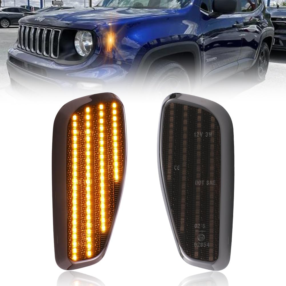 Front Fender LED Side Marker Lights for 2015 2016 2017 2018 Je-ep Renegade, Renegade Smoked Lens Side Bumper Marker Lamps, Amber LED Side Markers
