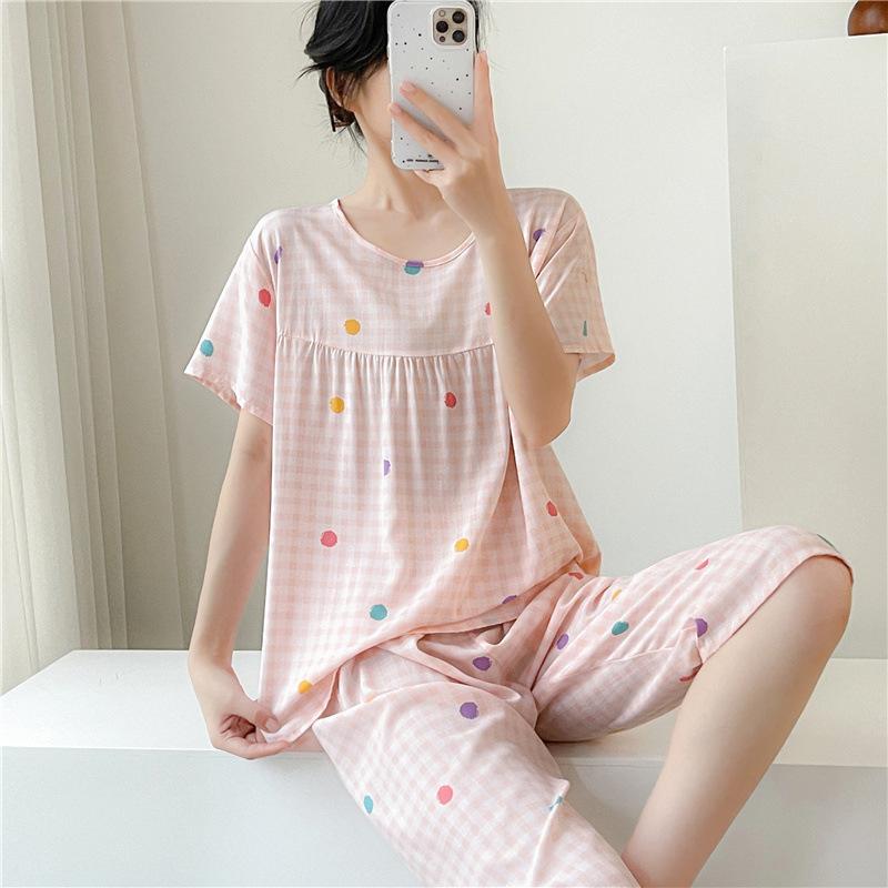 New cotton and silk pajamas women's summer thin two-piece set short-sleeved rayon cotton silk cute loose large size loungewear