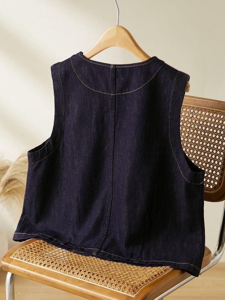 Bieyang Women's Artistic Retro Three-Pocket Denim Vest - High-End Early Autumn Versatile Coat