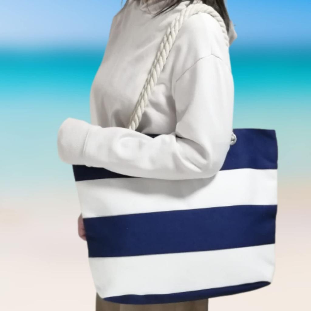 APOSITV Women's Striped Canvas Tote Bag, MarineOutdoor Design, Large Capacity, Striped (Blue)